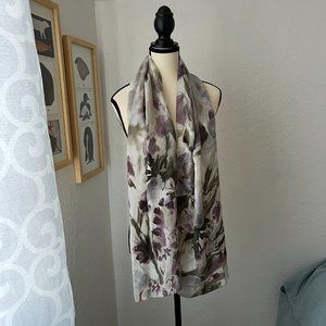 Cynthia Rowley 100% Silk Scarf Gray and Mauve Pansy Floral 65 inches long
